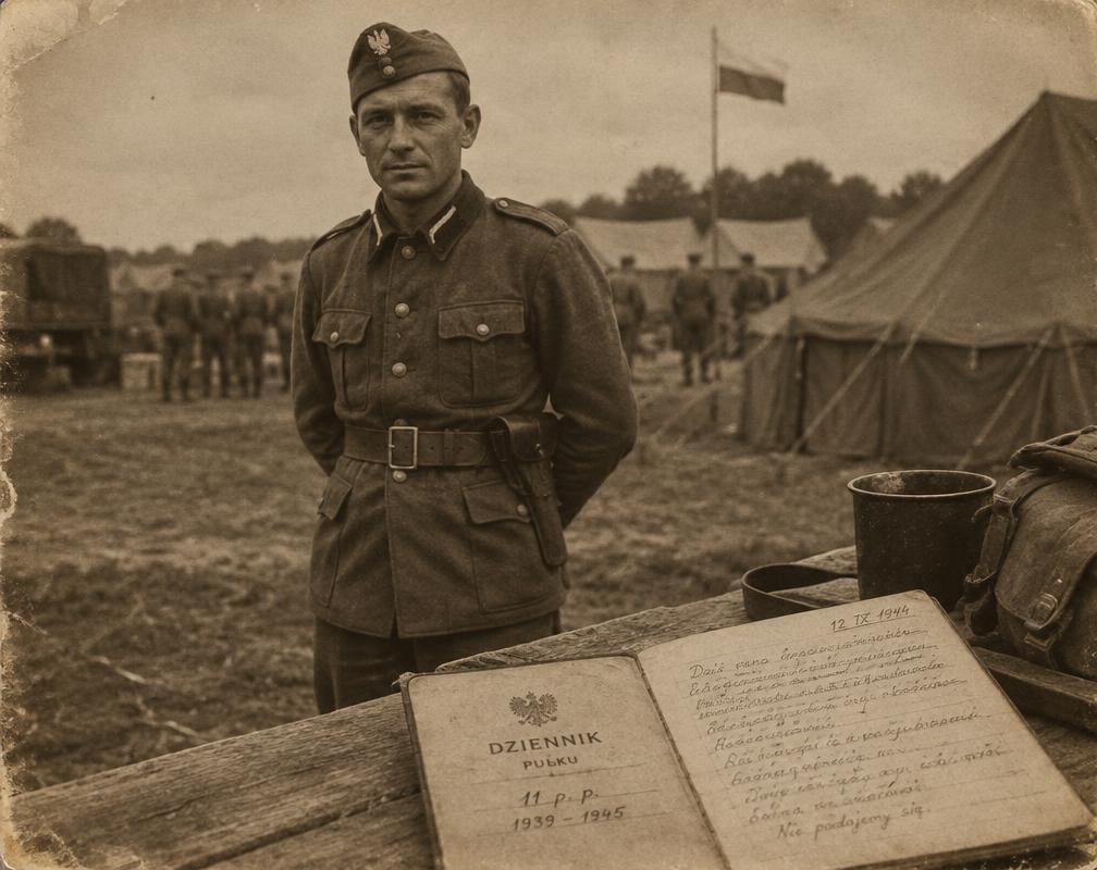 Sepijowe archiwalne zdjęcie żołnierza przy odręcznie pisanej kroniki jednostki
